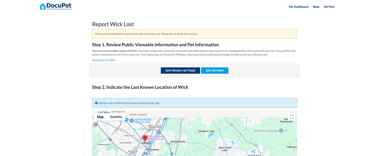 Report Pet Lost Screen DocuPet