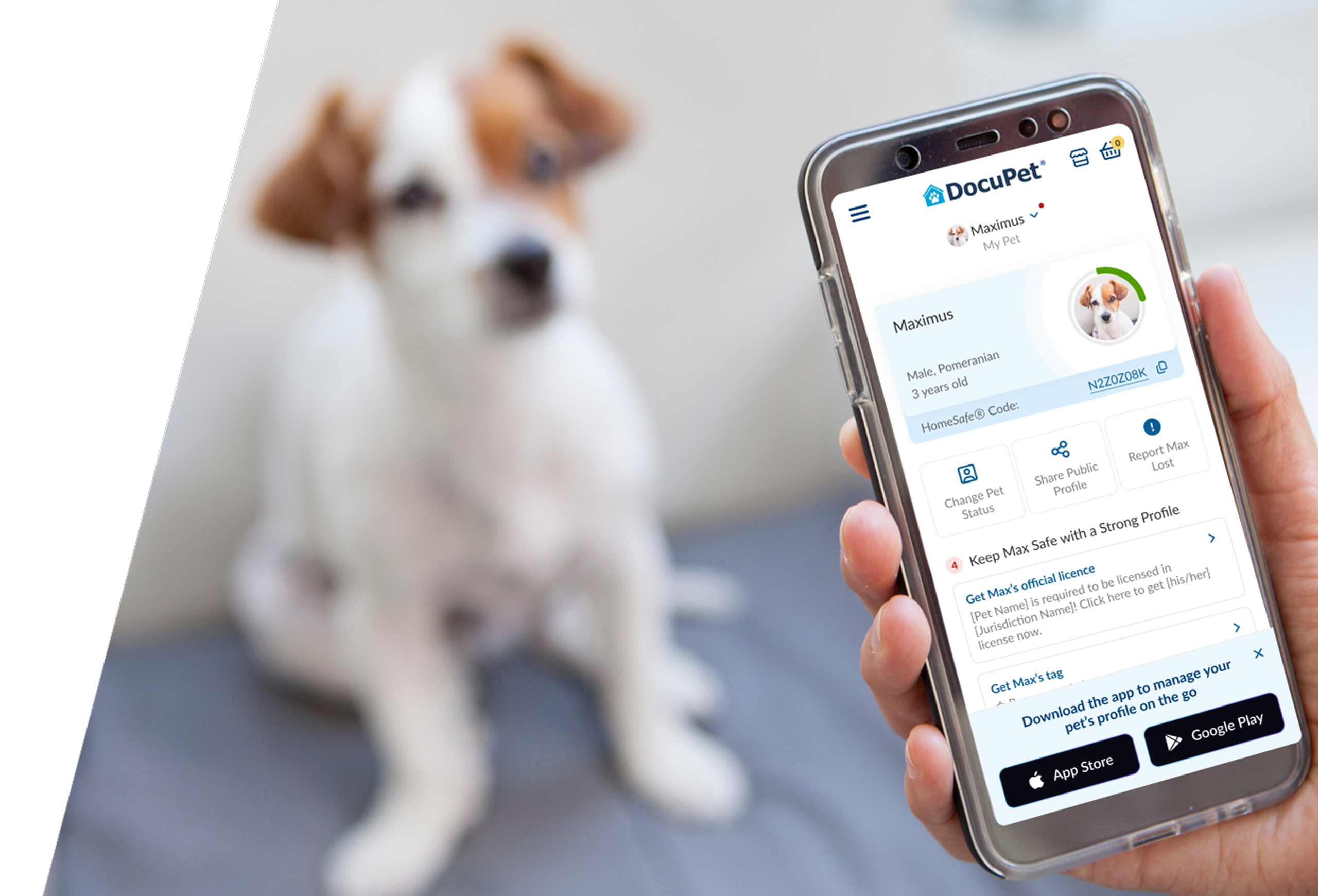 A hand holds a mobile phone displaying their dog's DocuPet profile.