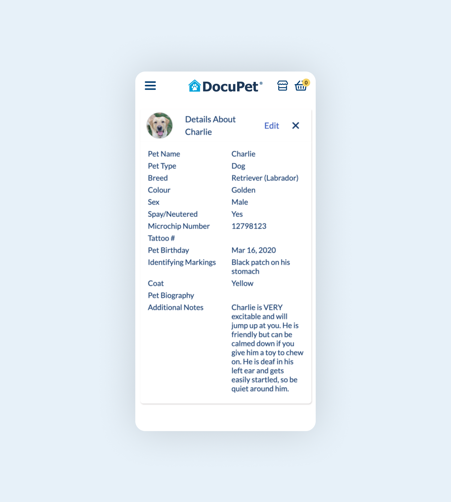A DocuPet pet profile showing important details about a pet named Charlie.