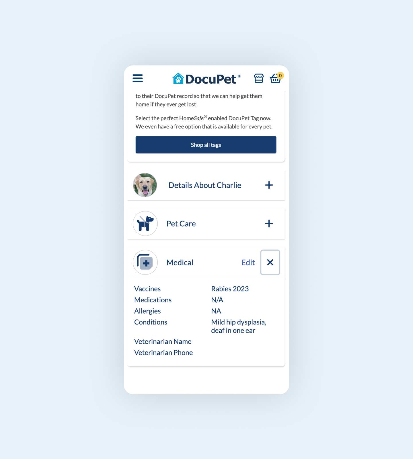 A DocuPet pet profile showing medical details like vaccines, medications and others.