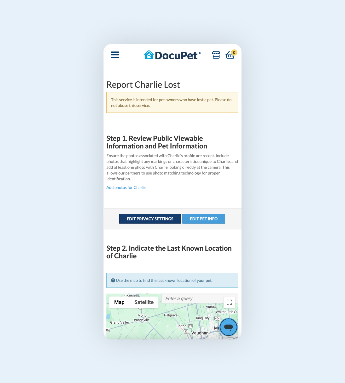 A DocuPet website where pet owners can report their pet lost and get assistance.
