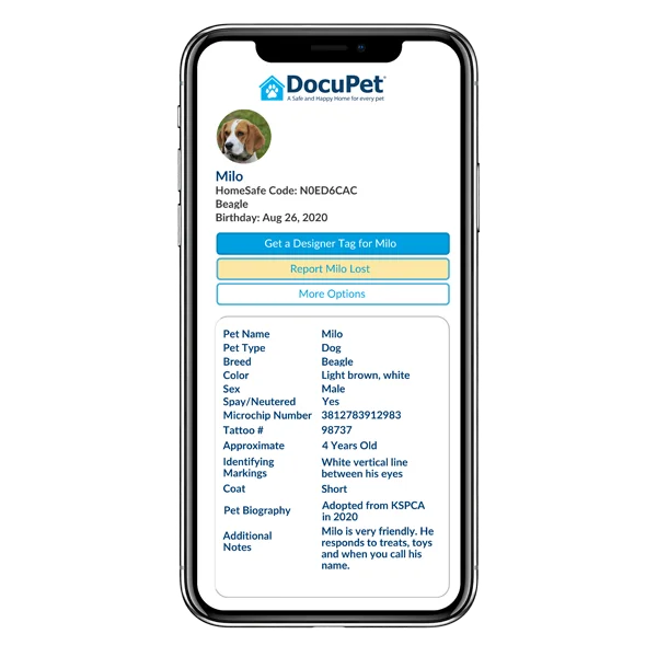 Milo HomeSafe Pet Profile