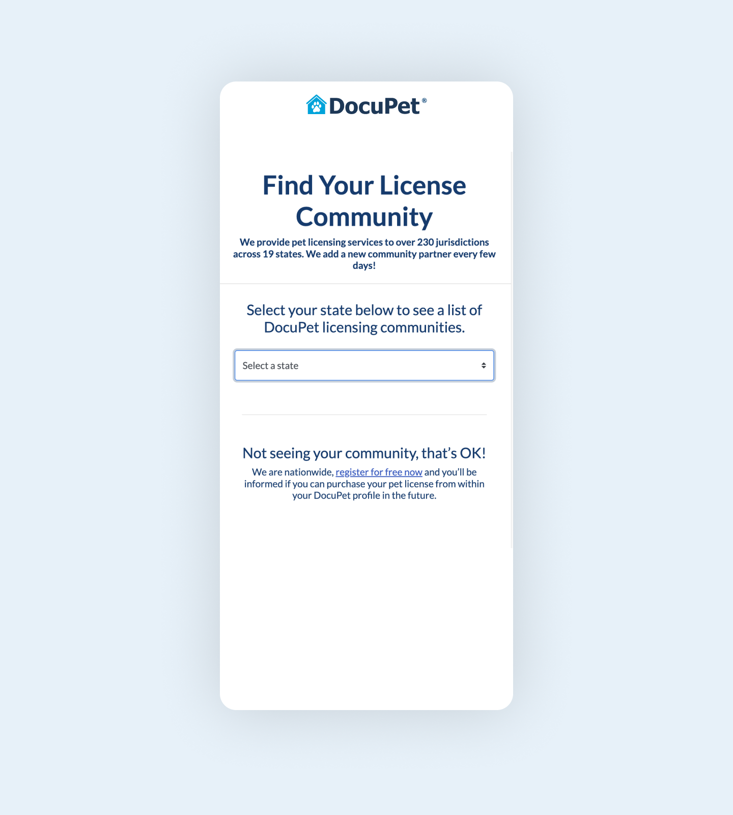 A website where pet owners can see if they live in a DocuPet licensing community.